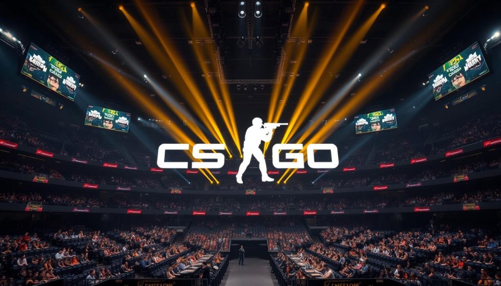 Логотип Counter-Strike: Global Offensive на фоне киберспортивной арены